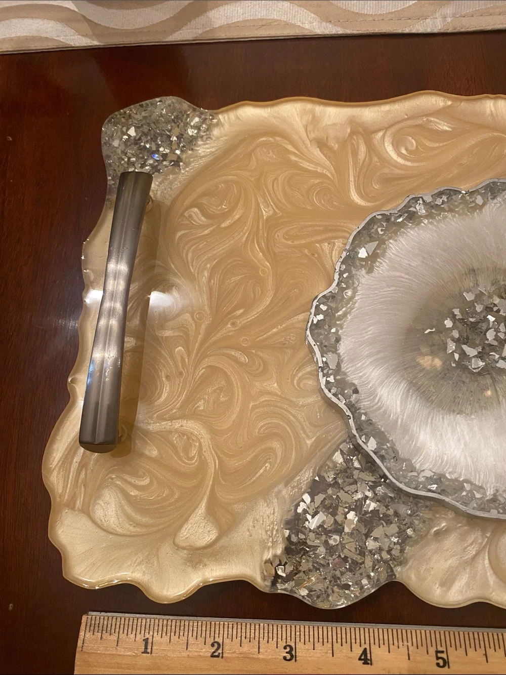 Custom  Unique Handmade  Gold Swirl Vanity Tray with Silver Geode Accent Pewter